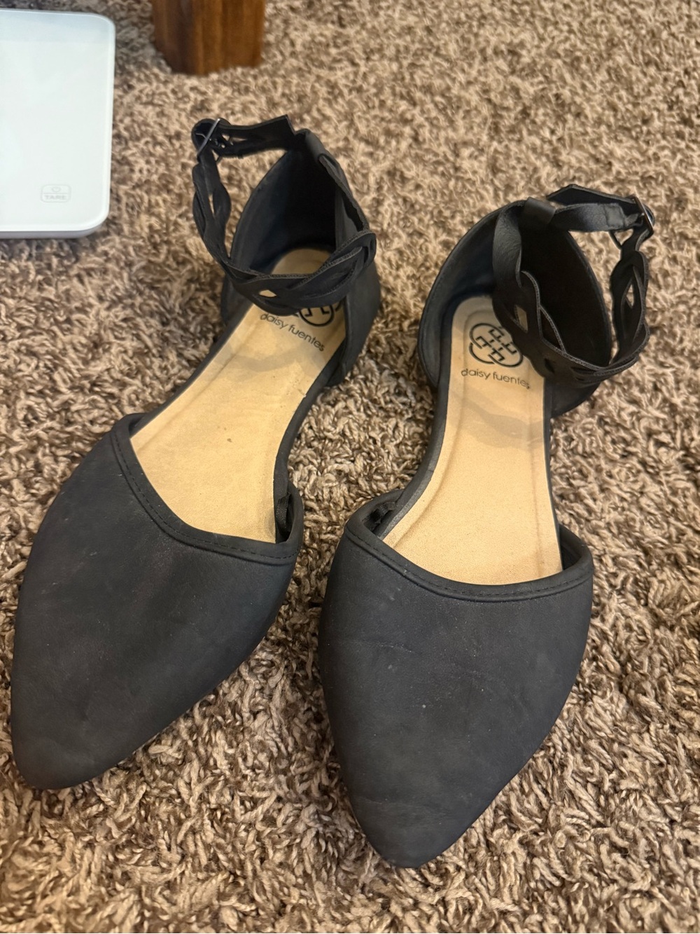 Daisy Fuentes Black Pointed Toe Ankle-Strap Flats with Braided Ankle Detail